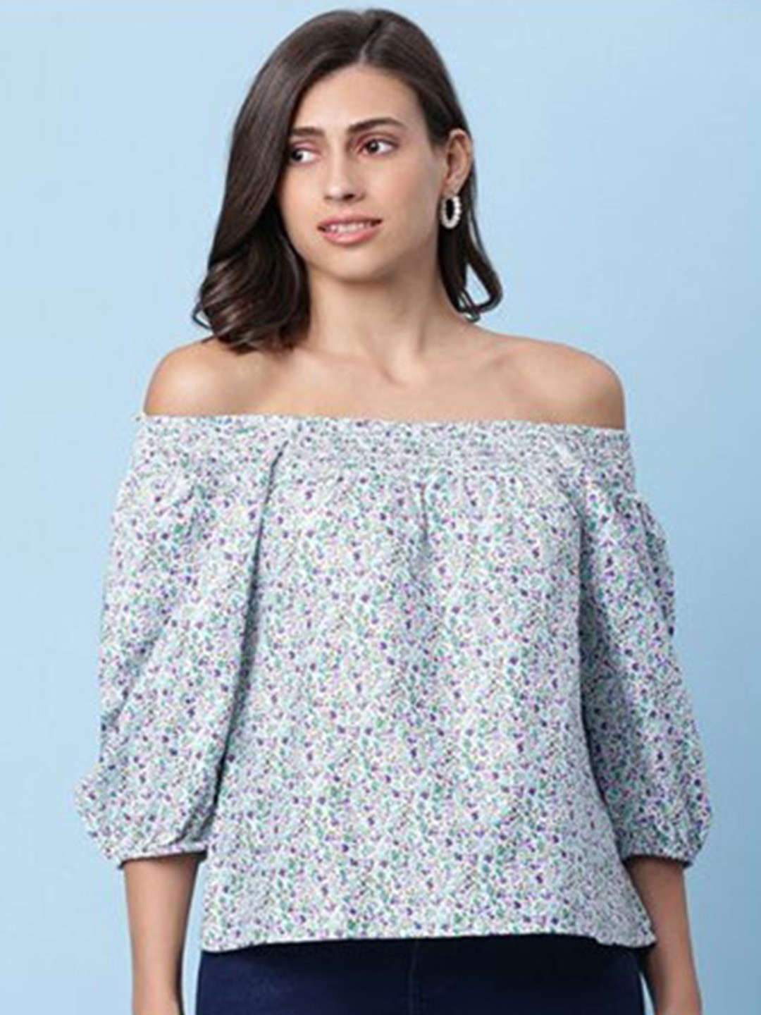 

Aila Floral Printed Off-Shoulder Cotton Bardot Top, White