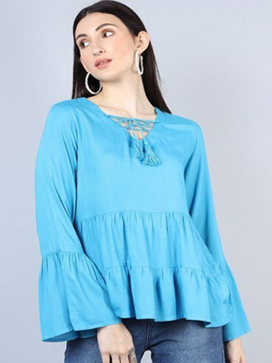 

Aila Tie-Up Neck Peplum Top, Blue