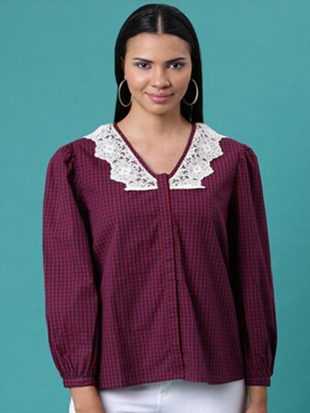 

Aila Checked Puff Sleeves Cotton Top, Red