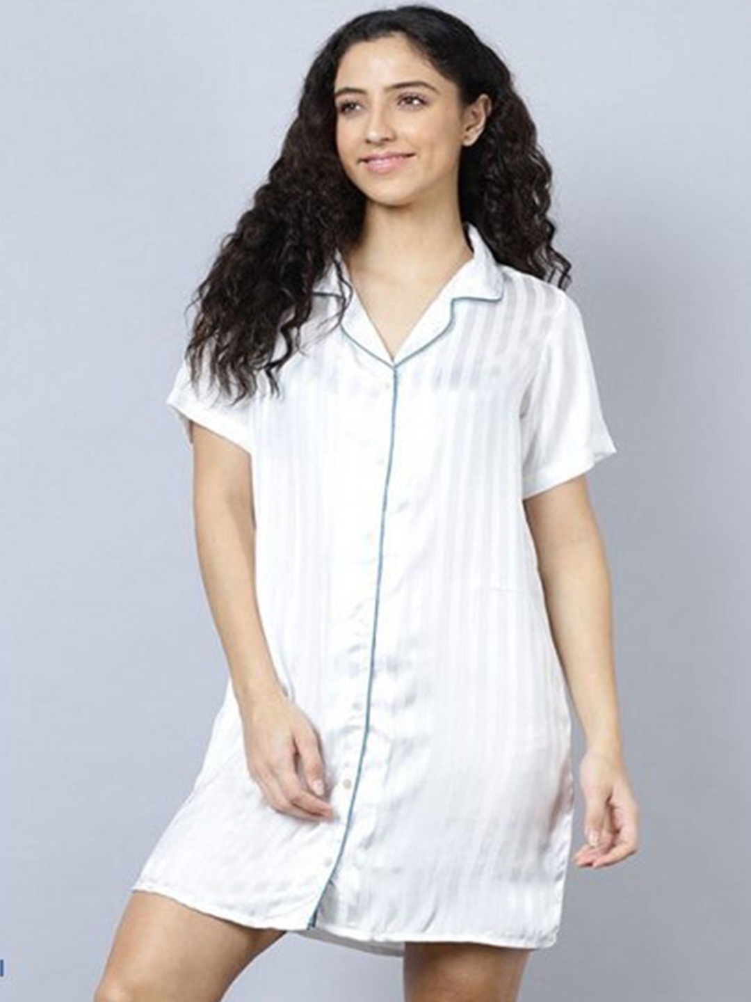 

Aila Striped Lapel Collar Shirt Dress, White