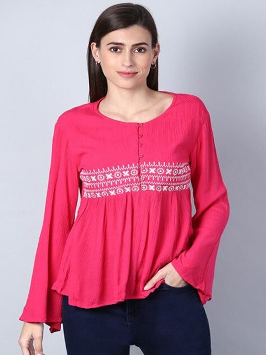 

Aila Embroidered Bell Sleeves Top, Pink