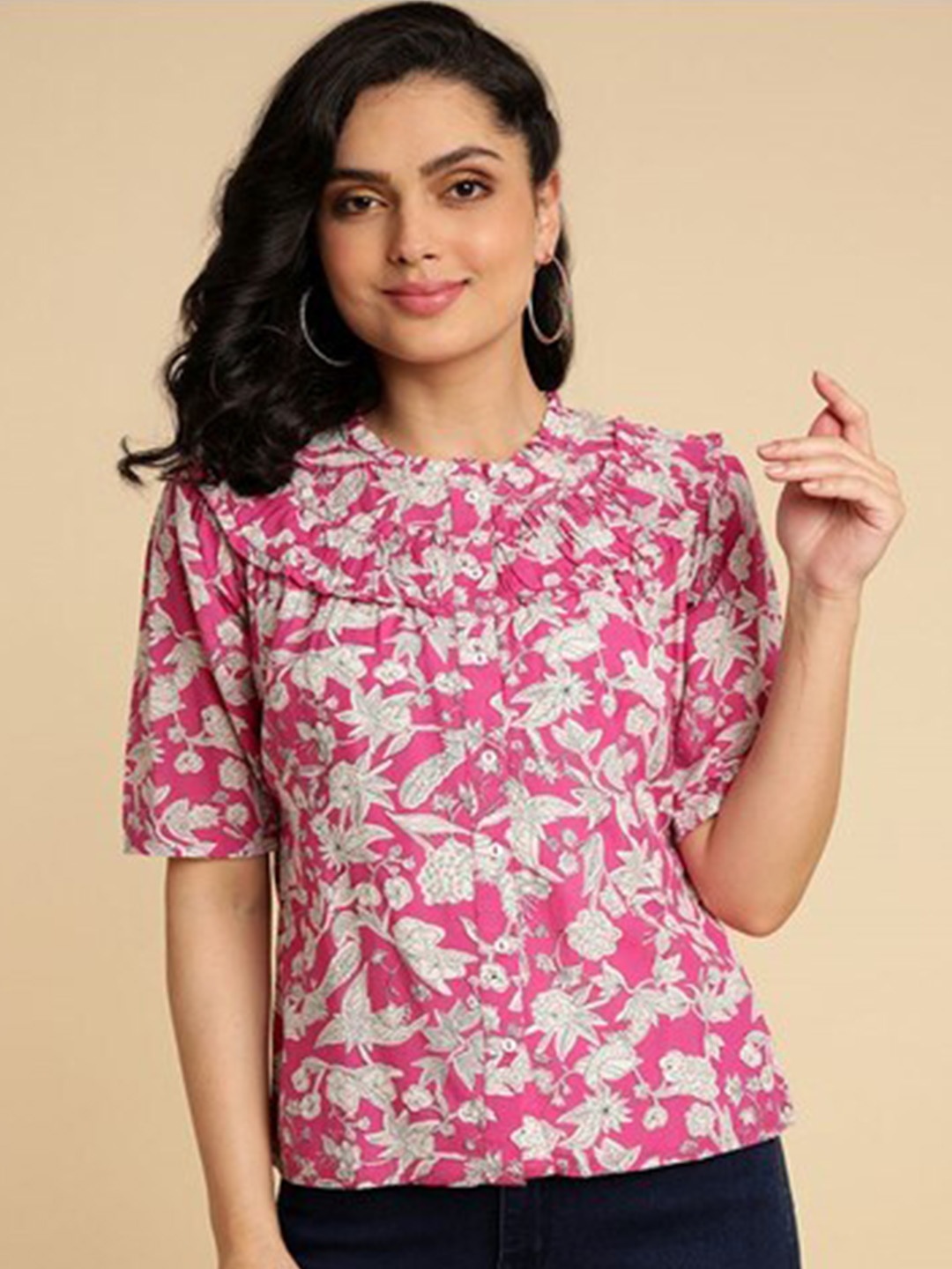 

Aila Floral Printed Gathers Mandarin Collar Shirt Style, Pink