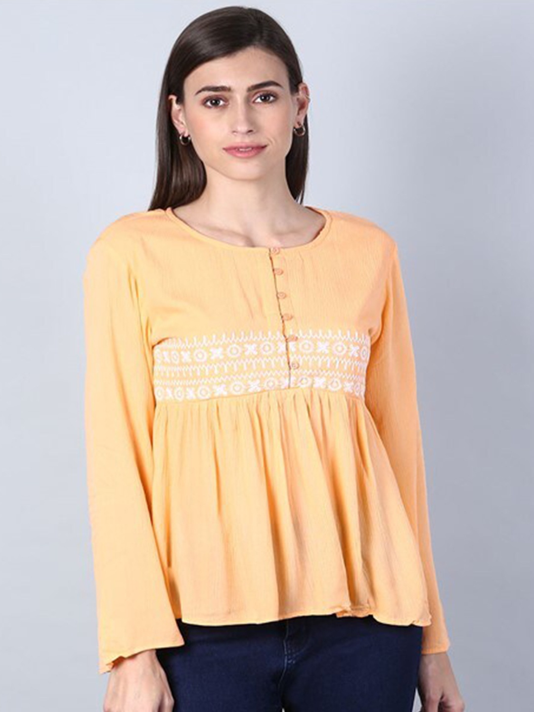 

Aila Ethnic Motifs Embroidered Flared Sleeves Gathered Detailed A-Line Top, Yellow