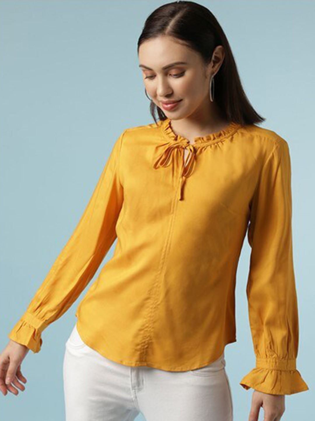 

Aila Tie-Up Neck Long Sleeves Top, Yellow