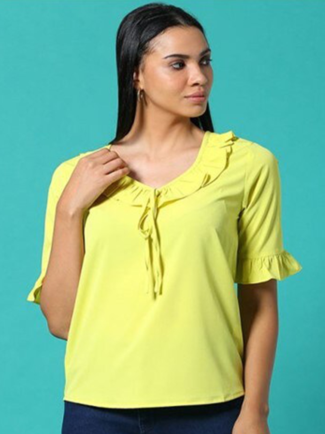 

Aila Tie-Up Neck Ruffles Cotton Top, Green
