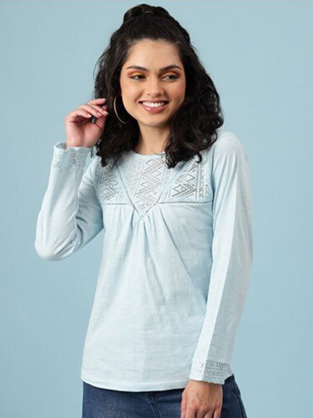 

Aila Round Neck Lace Inserts Top, Blue