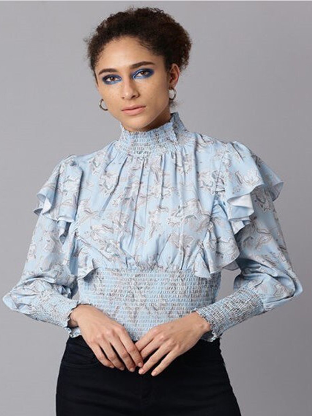 

Aila Floral Printed High Neck Smocking Cotton Blouson Top, Blue