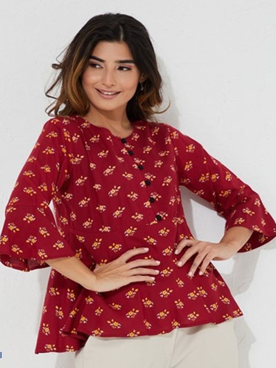 

Aila Floral Printed Bell Sleeves Cotton A-Line Top, Burgundy