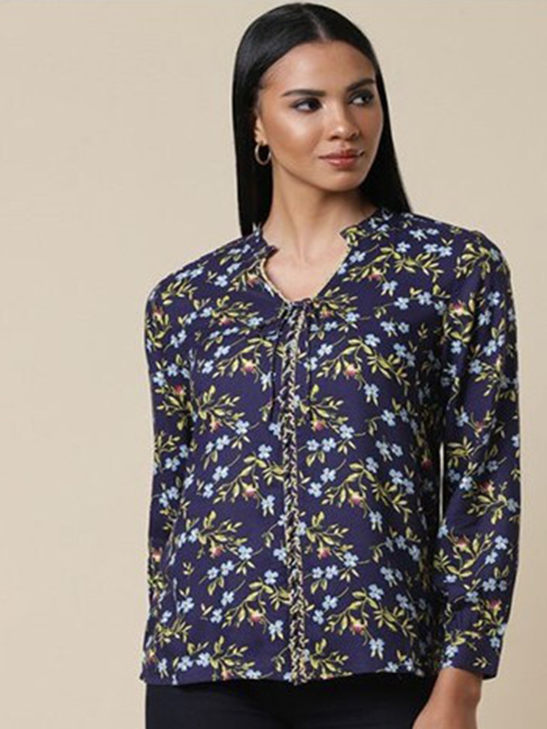 

Aila Floral Printed Mandarin Collar Cuffed Sleeves Top, Navy blue