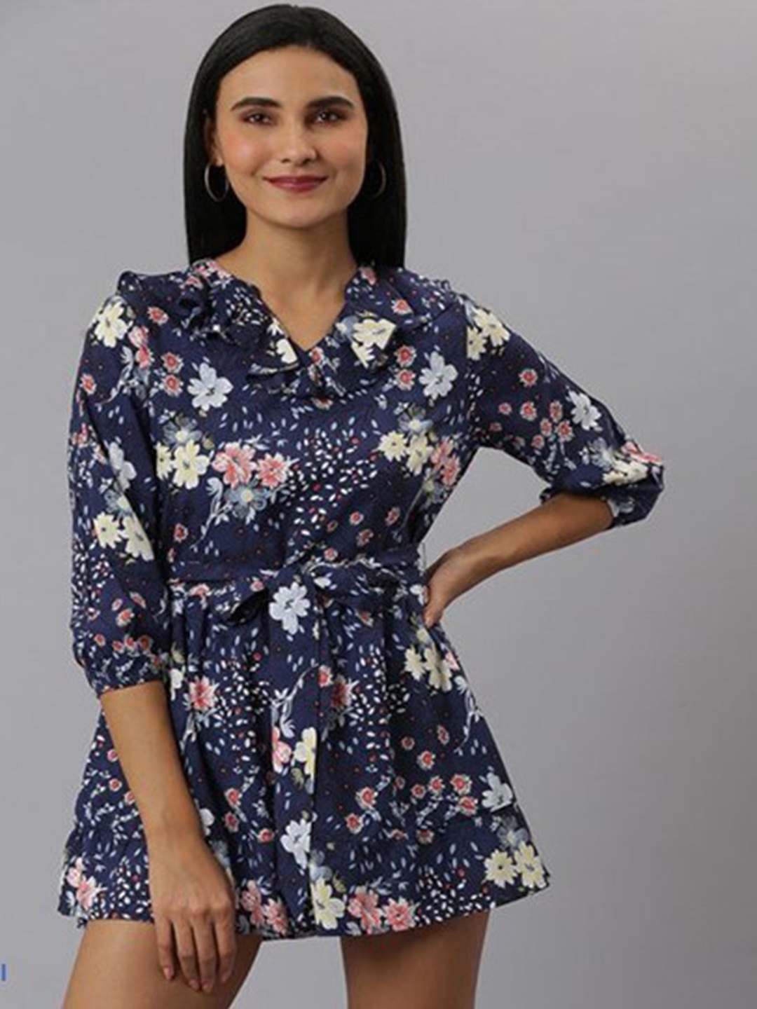 

Aila Floral Printed V-Neck Ruffles Puff Sleeves Cotton Top, Navy blue