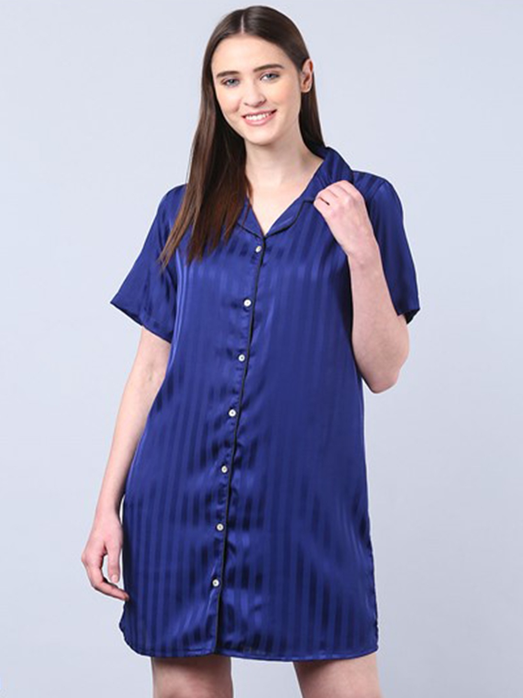 

Aila Striped Lapel Collar Shirt Style Nightdress, Blue
