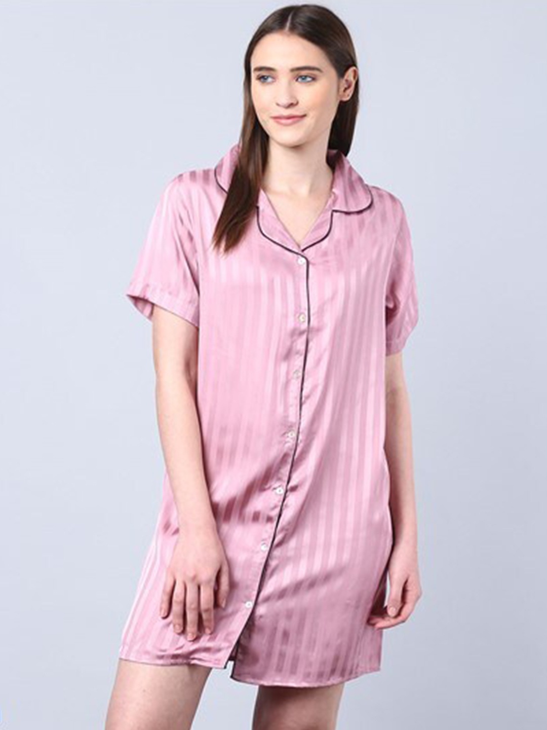 

Aila Striped Lapel Collar Regular Nightdress, Pink