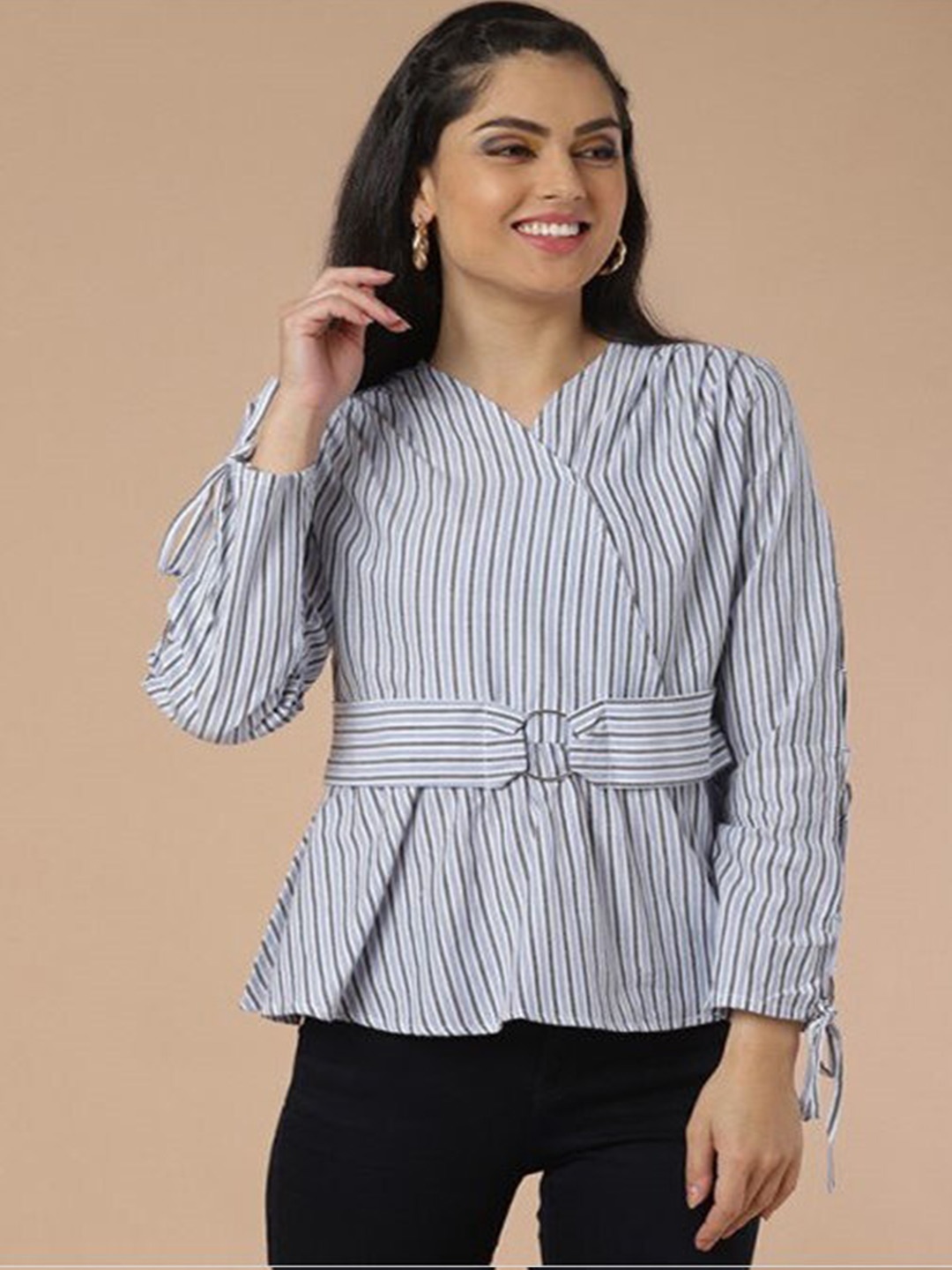 

Aila Striped Cotton Peplum Top, White