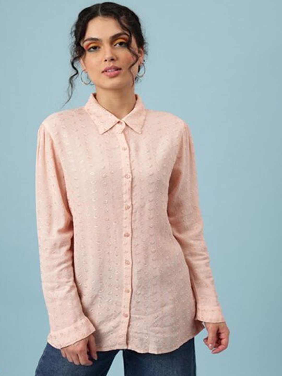 

Aila Self Design Cuffed Sleeves Shirt Style Top, Peach