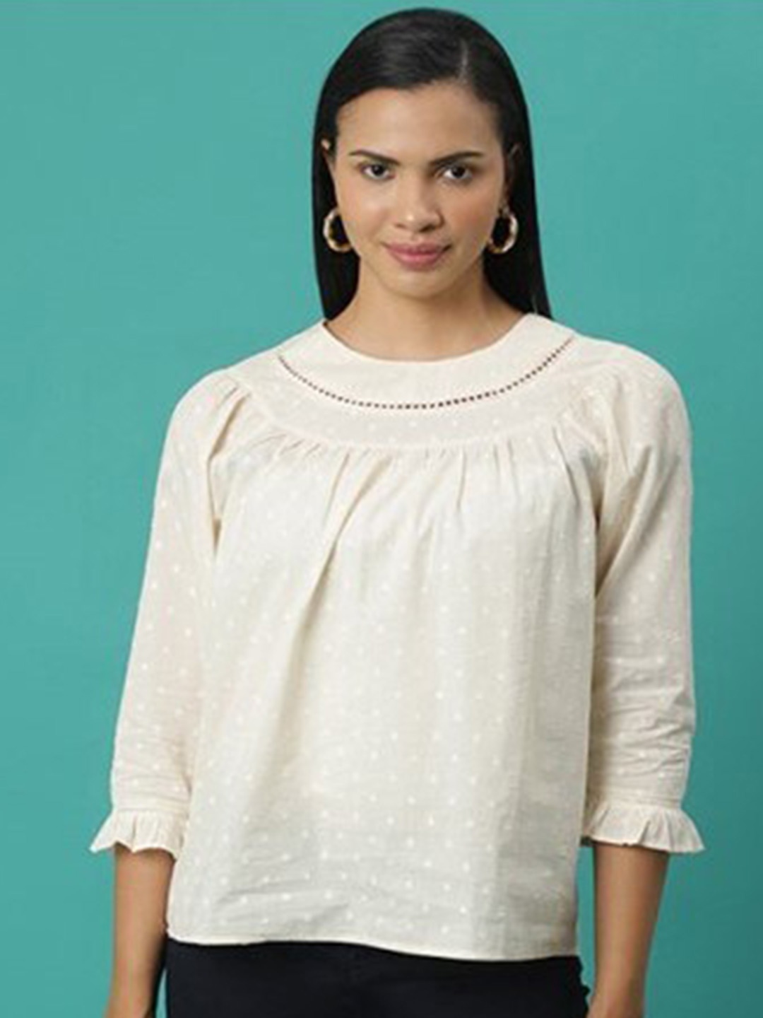 

Aila Self Design Cotton Bell Sleeves Cotton Regular Top, Beige