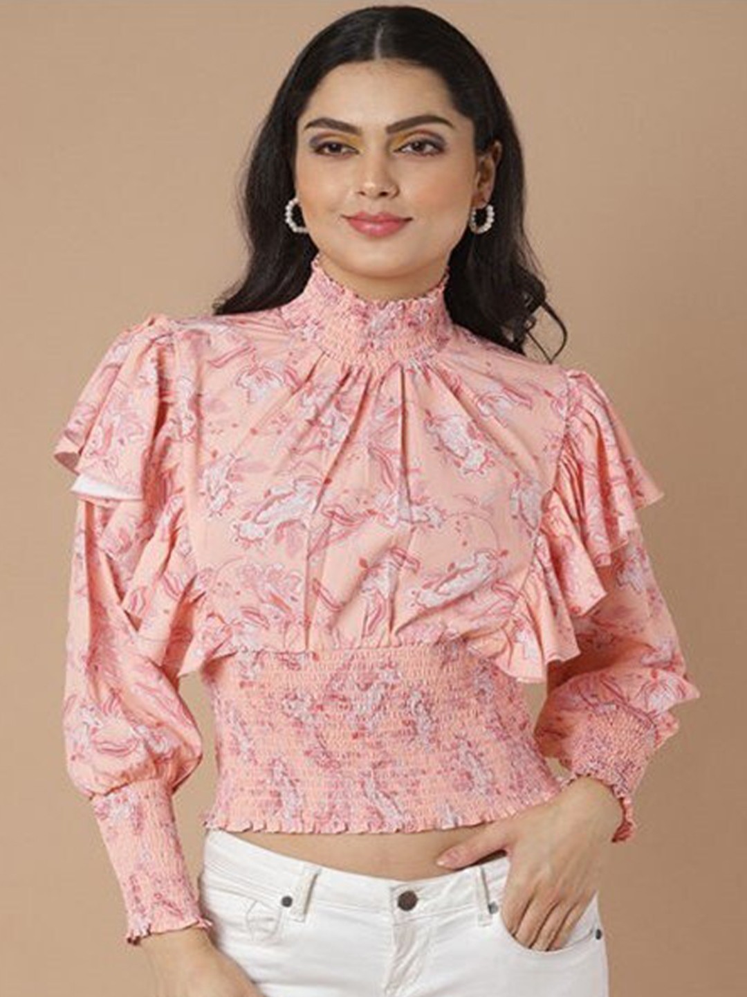 

Aila Floral Printed High Neck Cotton Cinched Waist Top, Pink