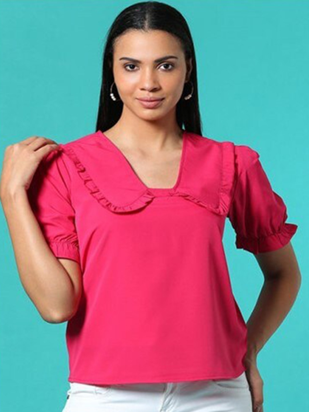 

Aila Magenta Above the Keyboard Collar Ruffles Top, Pink