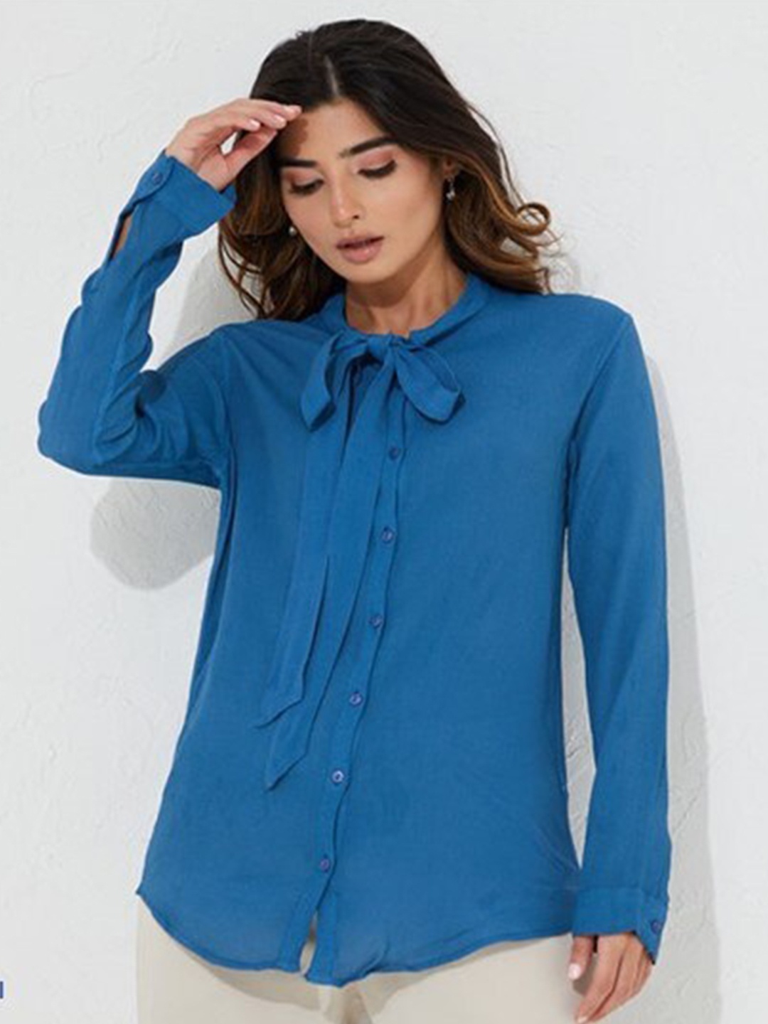 

Aila Tie-Up Neck Cotton Shirt Style Top, Blue