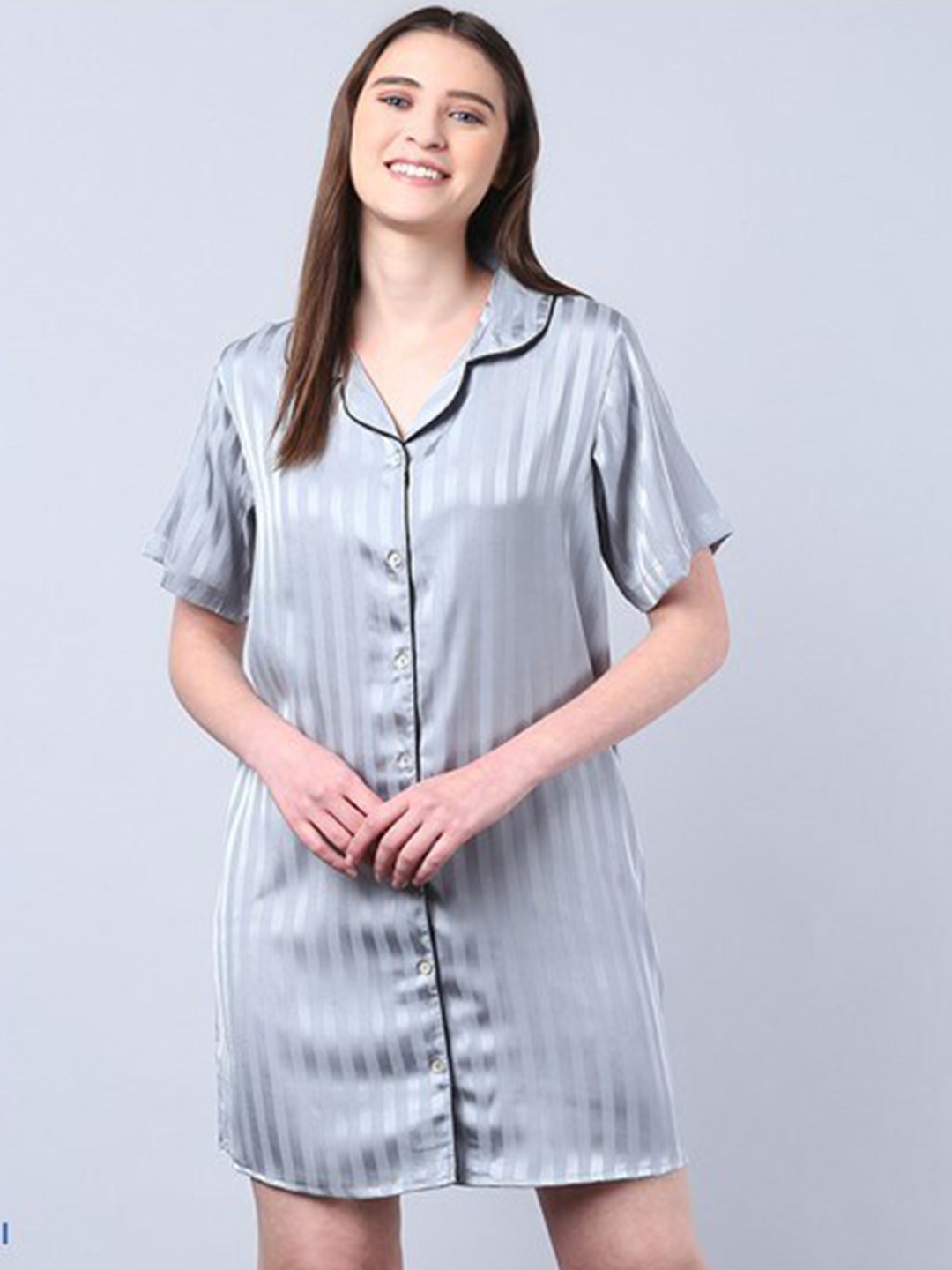 

Aila Striped Lapel Collar Shirt Nightdress, Multi