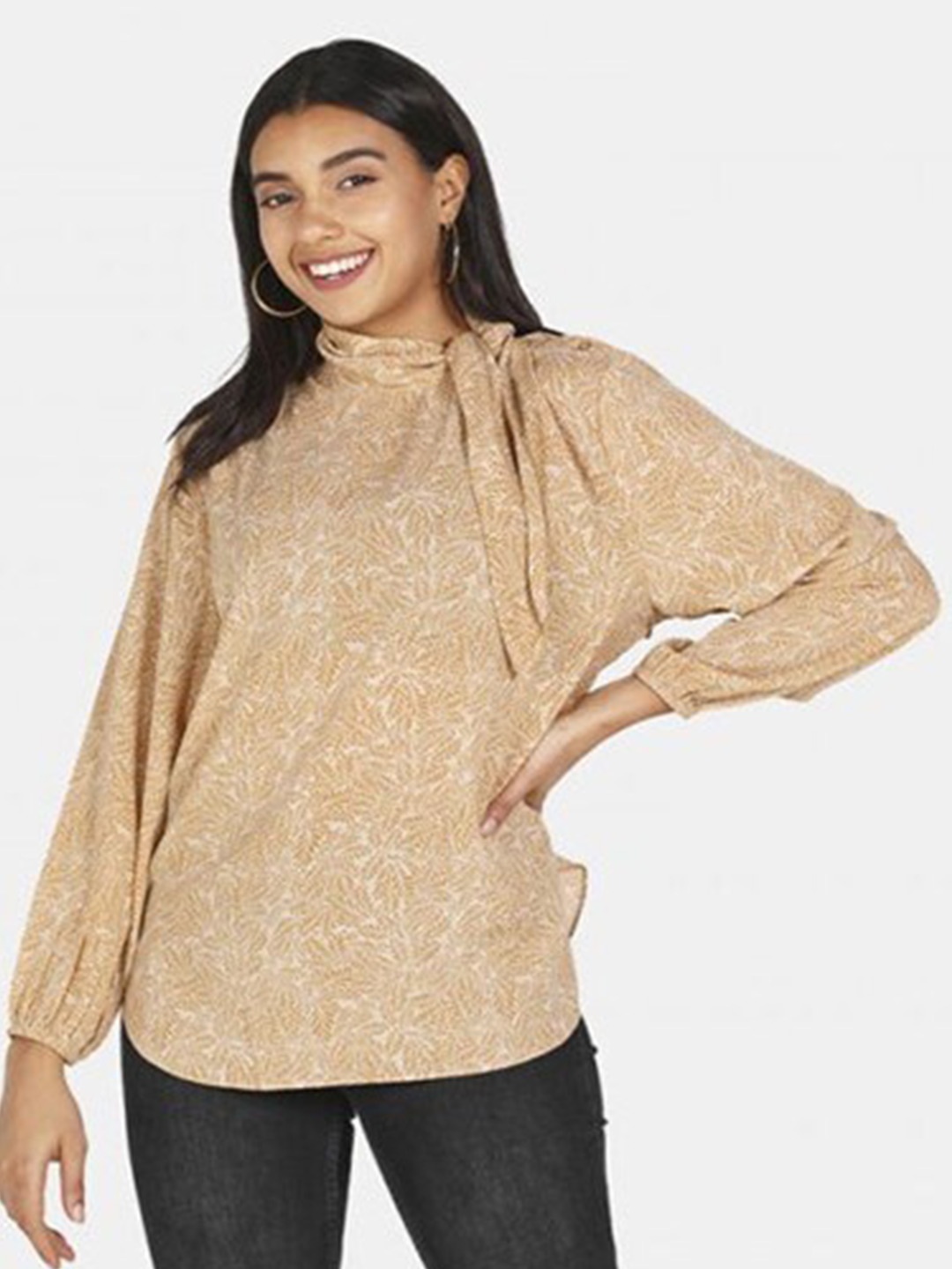 

Aila Floral Printed Tie Up Neck Puff Sleeve Top, Beige