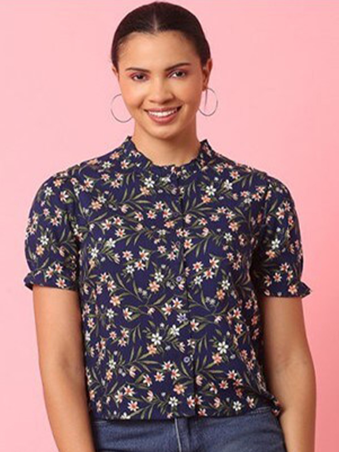 

Aila Floral Printed High Neck Puff Sleeves Cotton Shirt Style Top, Navy blue