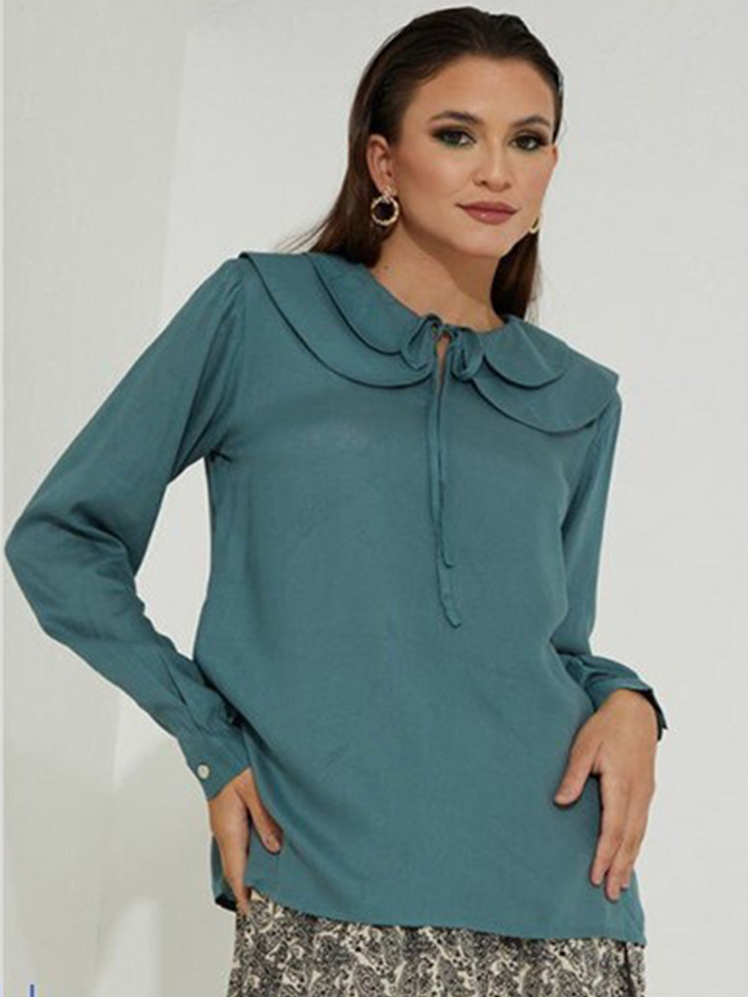 

Aila Tie-Up Neck Cuffed Sleeves Top, Blue