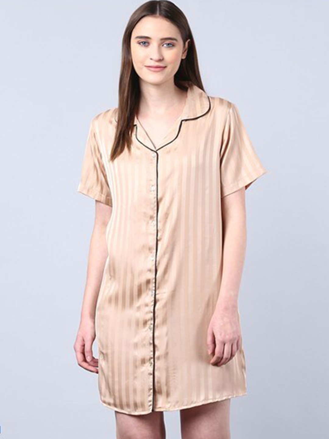 

Aila Striped Lapel Collar Shirt Dress, Beige