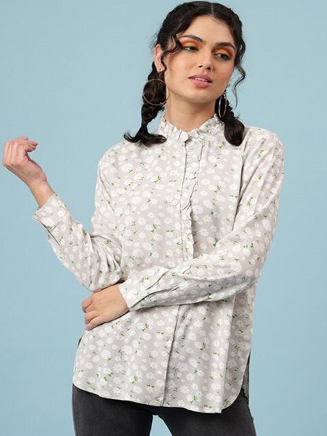 

Aila Floral Printed Ruffles Cotton Shirt Style Top, Grey