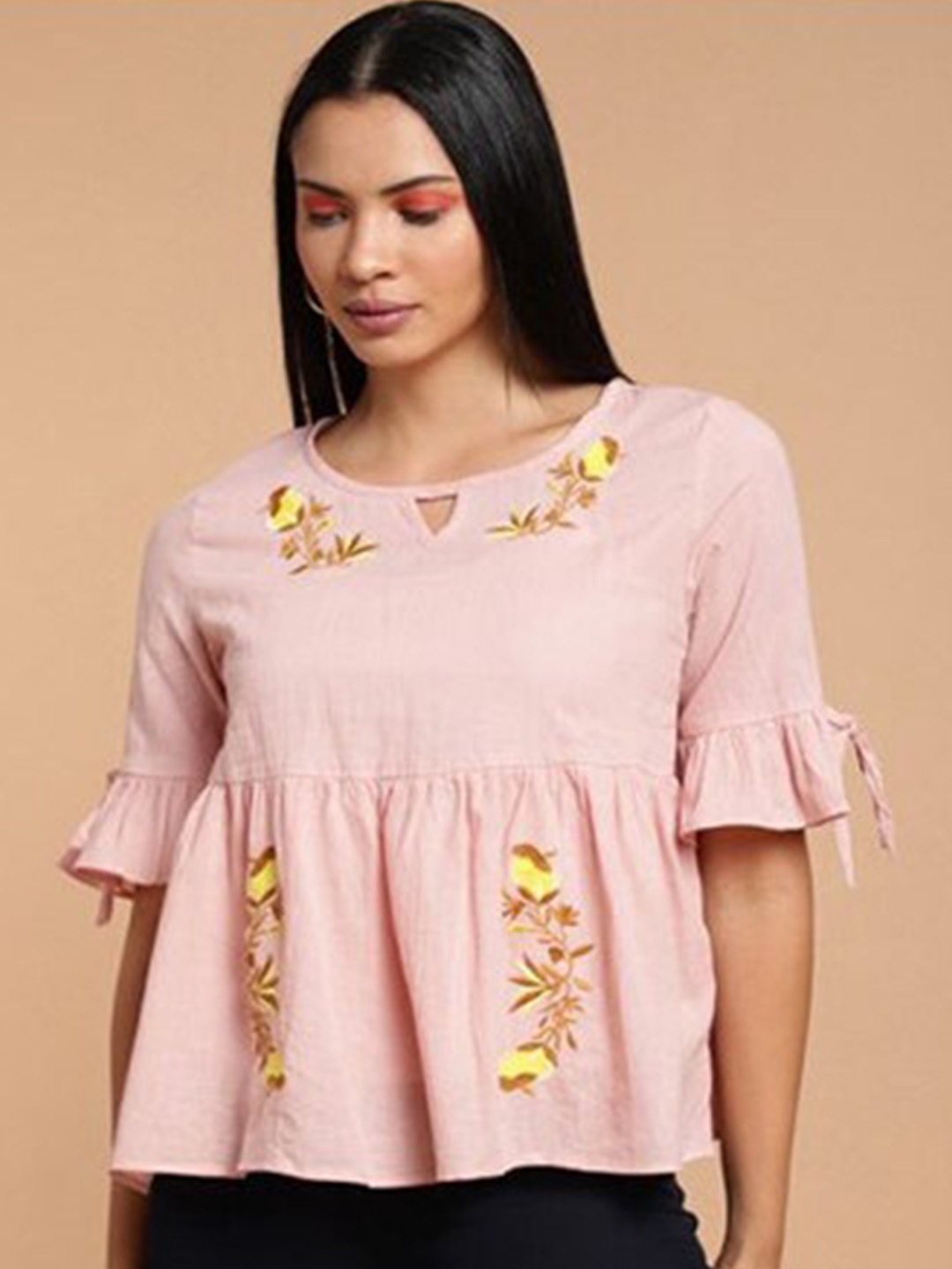 

Aila Floral Embroidered Keyhole Neck Peplum Cotton Top, Peach