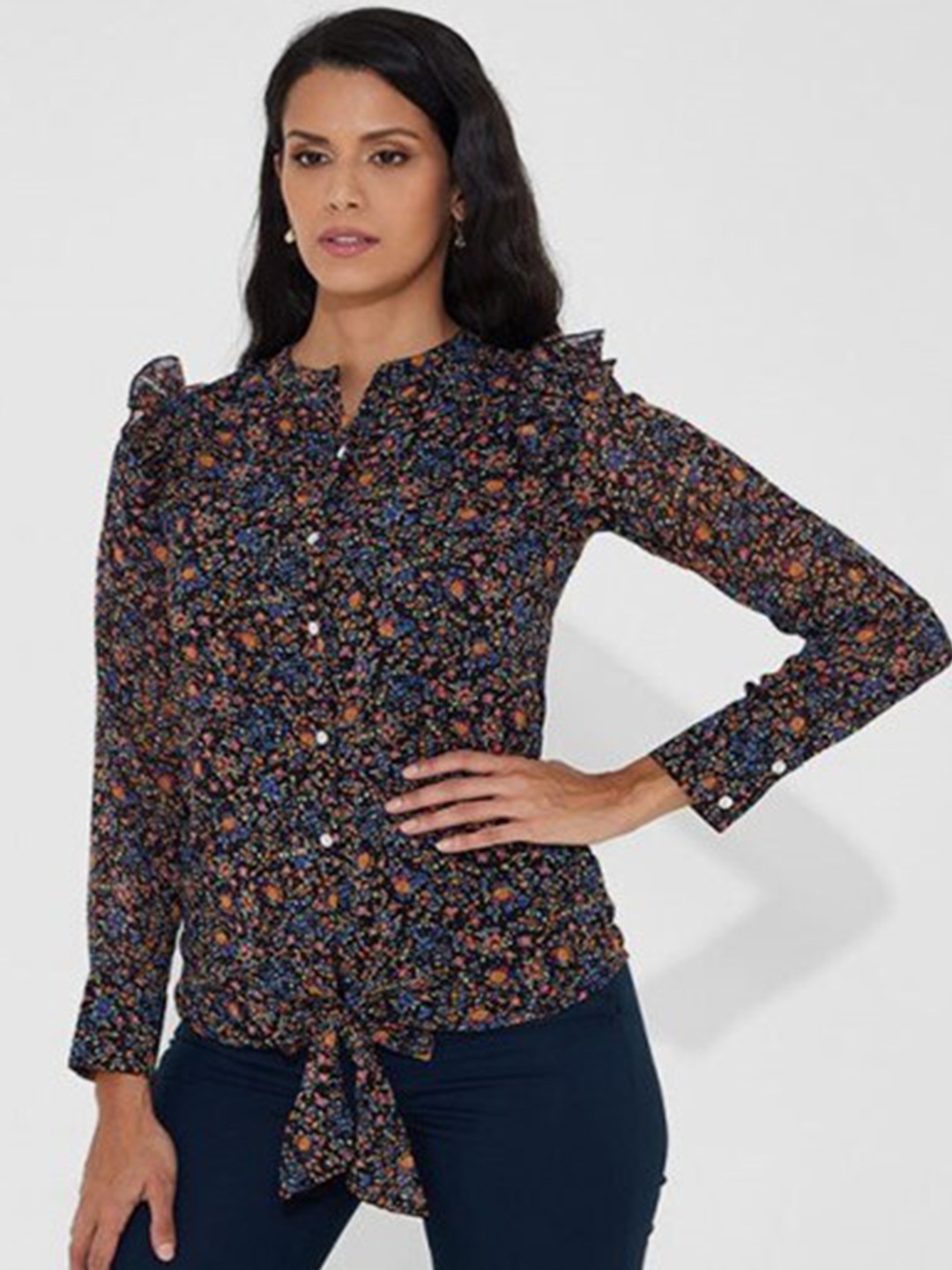 

Aila Floral Print Long Sleeves Cotton Top, Navy blue