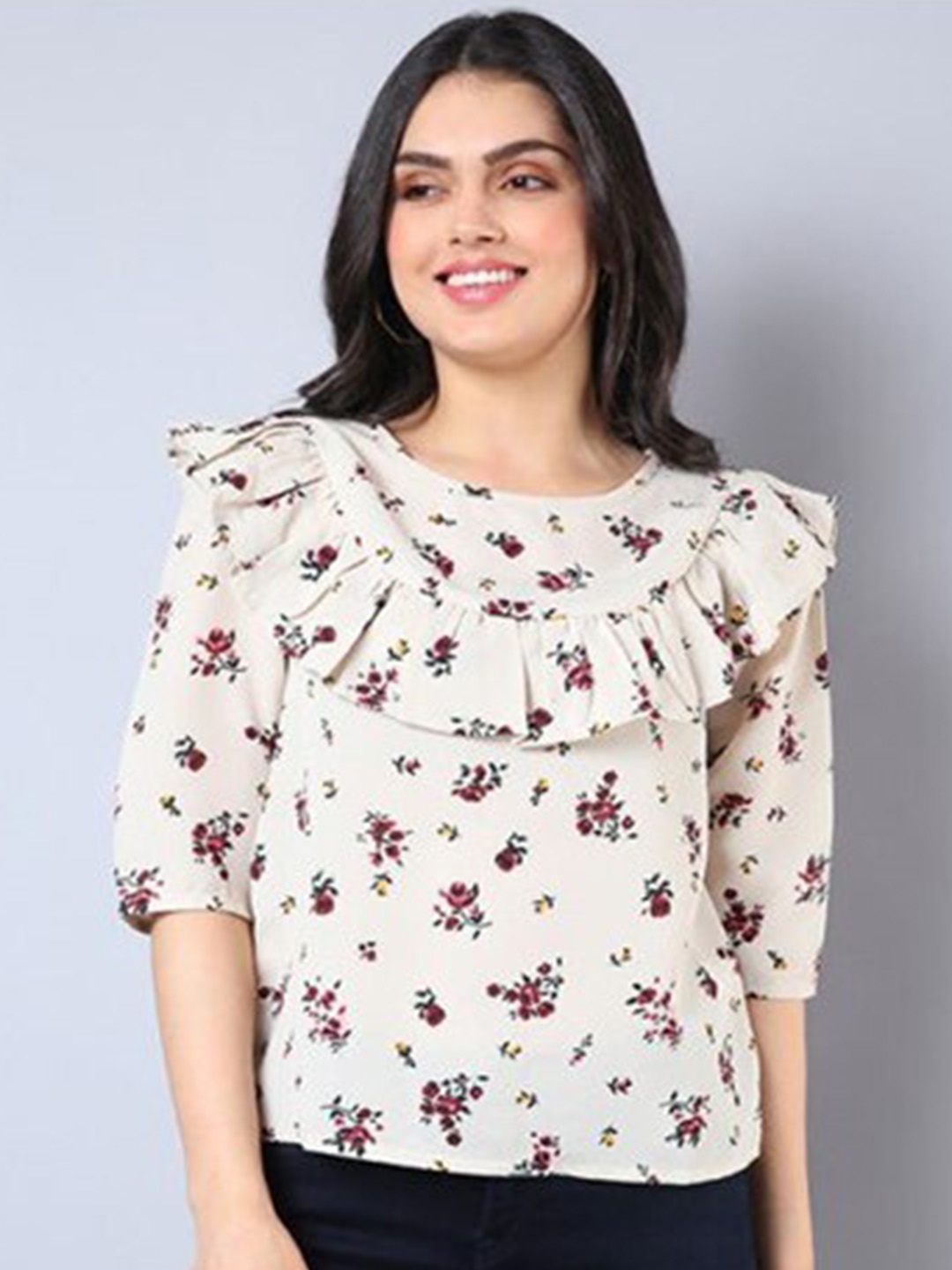 

Aila Floral Printed Round Neck Cotton Top, Beige