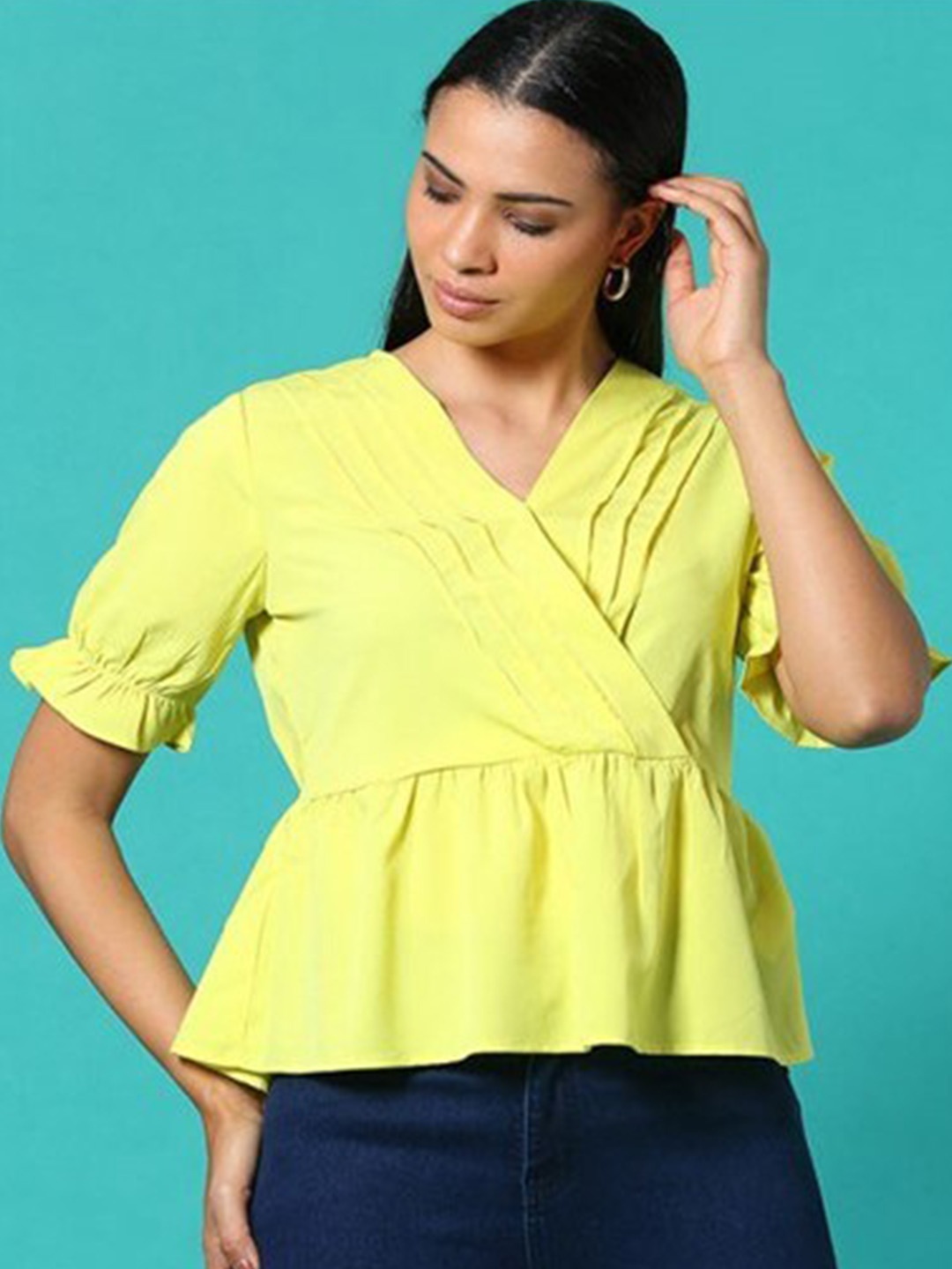 

Aila Puff Sleeves Cotton Peplum Top, Green