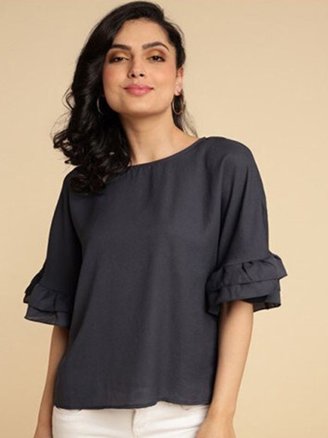 

Aila Round Neck Ruffles Cotton Top, Blue