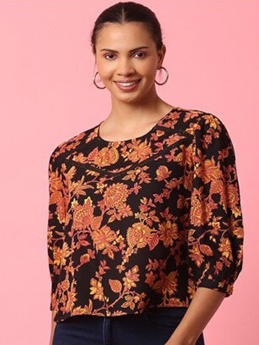 

Aila Floral Printed Puff Sleeves Cotton Top, Brown