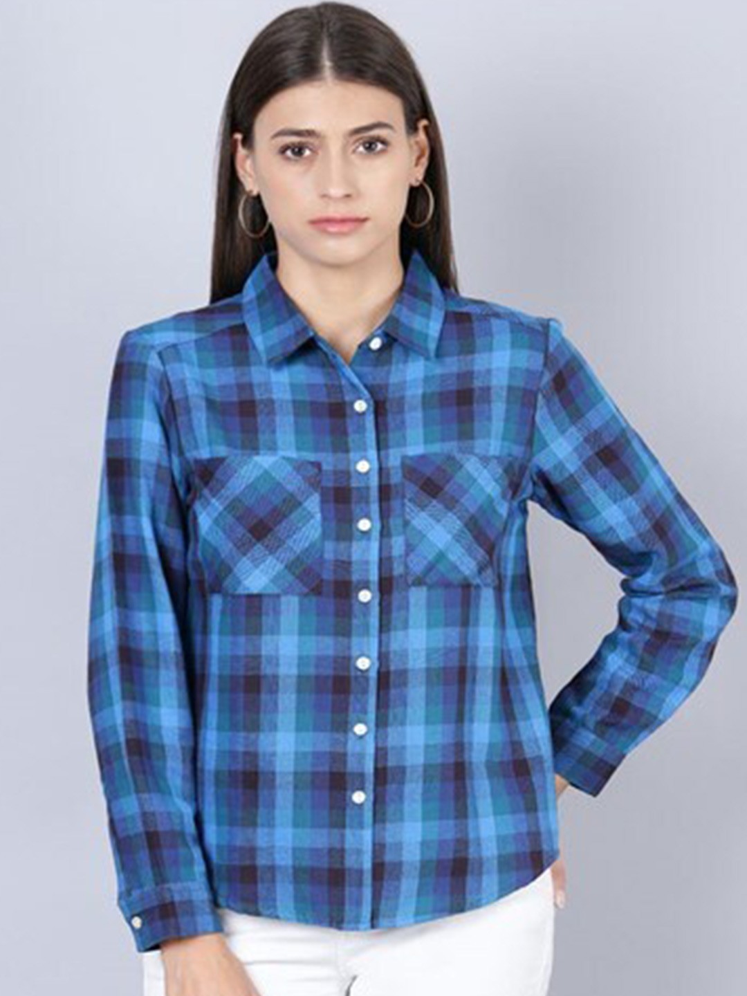 

Aila Checked Cotton Shirt Style Top, Blue