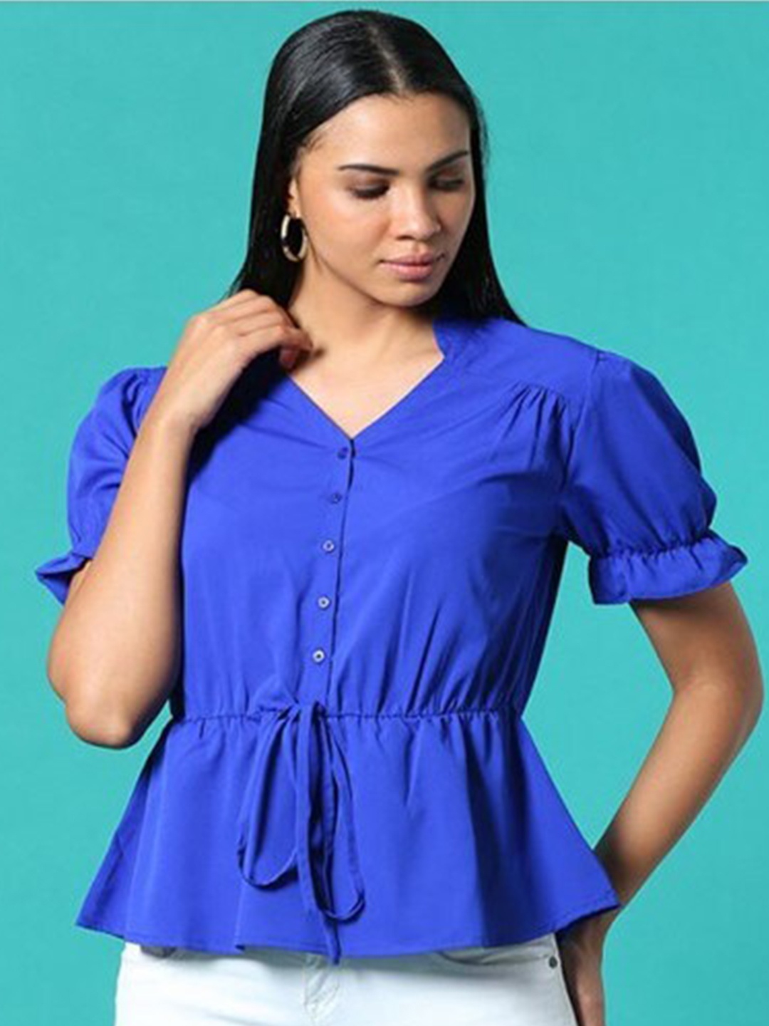 

Aila V-Neck Puff Sleeves Cotton Peplum Top, Blue