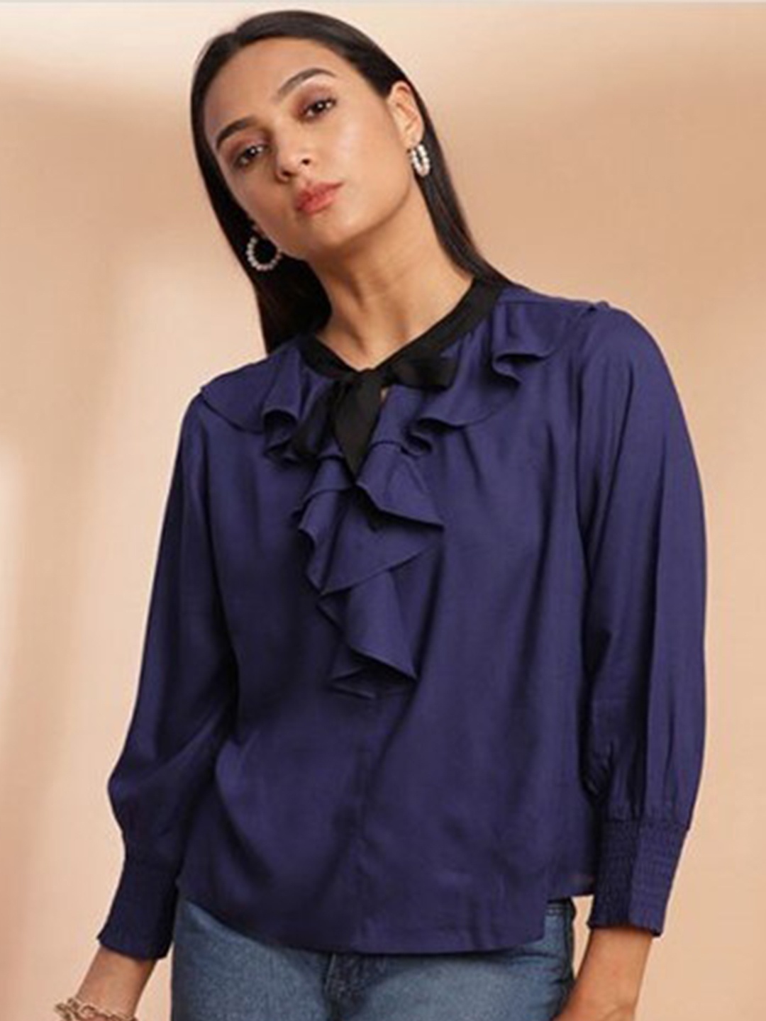 

Aila Tie-Up Neck Cotton Regular Top, Blue