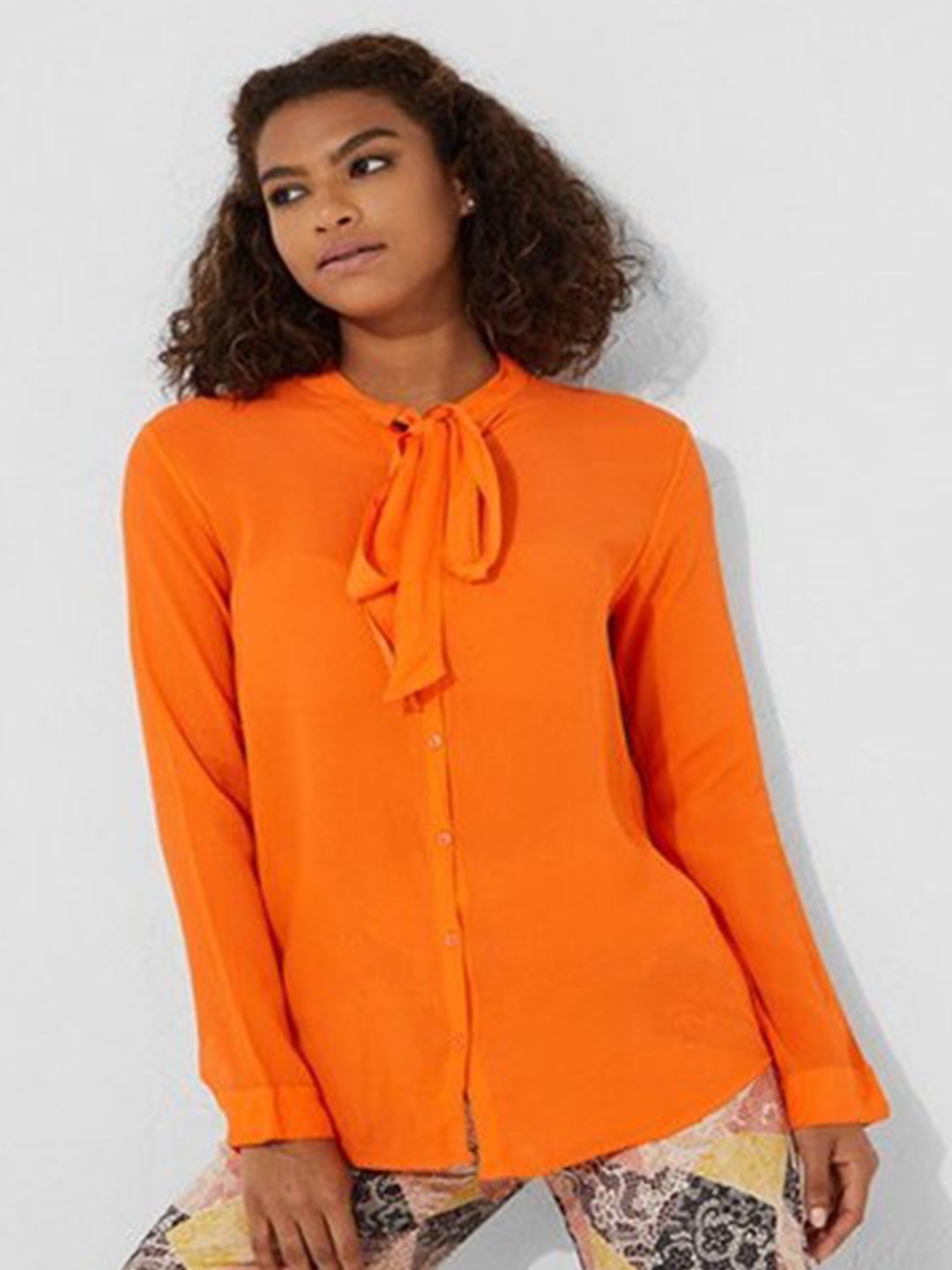 

Aila Tie Up Neck Cotton Shirt Style Top, Orange