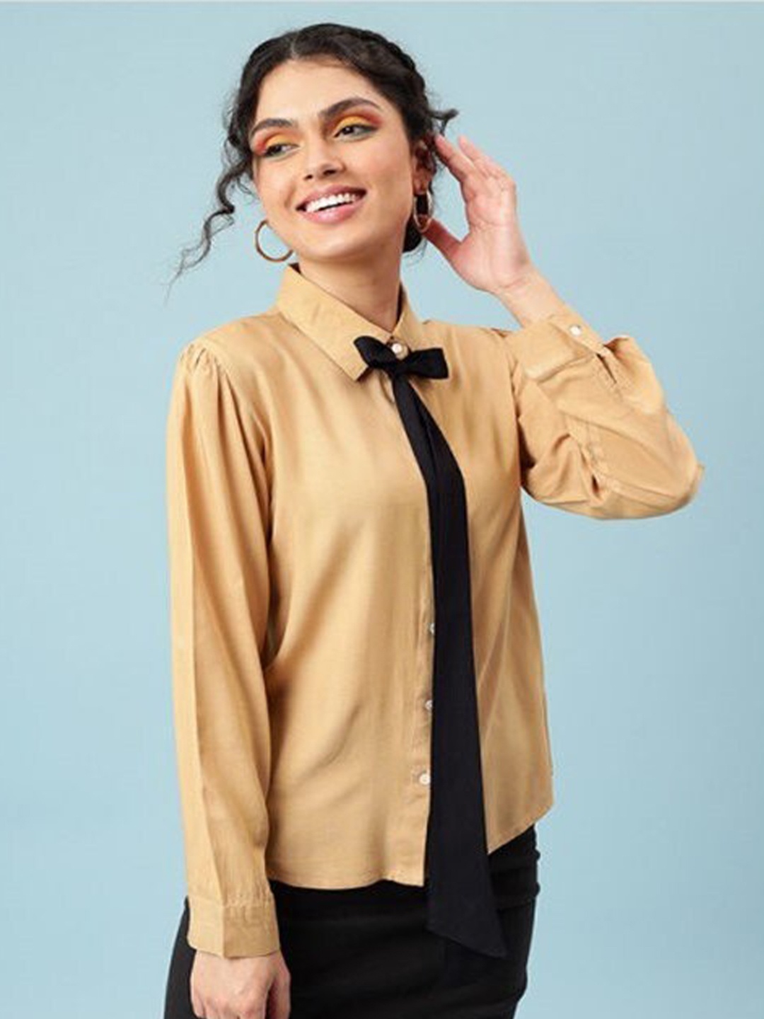 

Aila Spread Collar Cotton Shirt Style Top, Beige