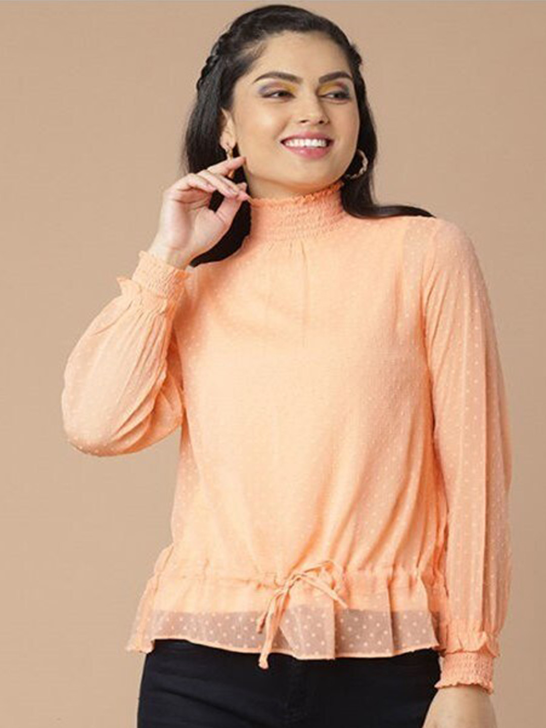 

Aila Self Design High Neck Cotton Top, Coral