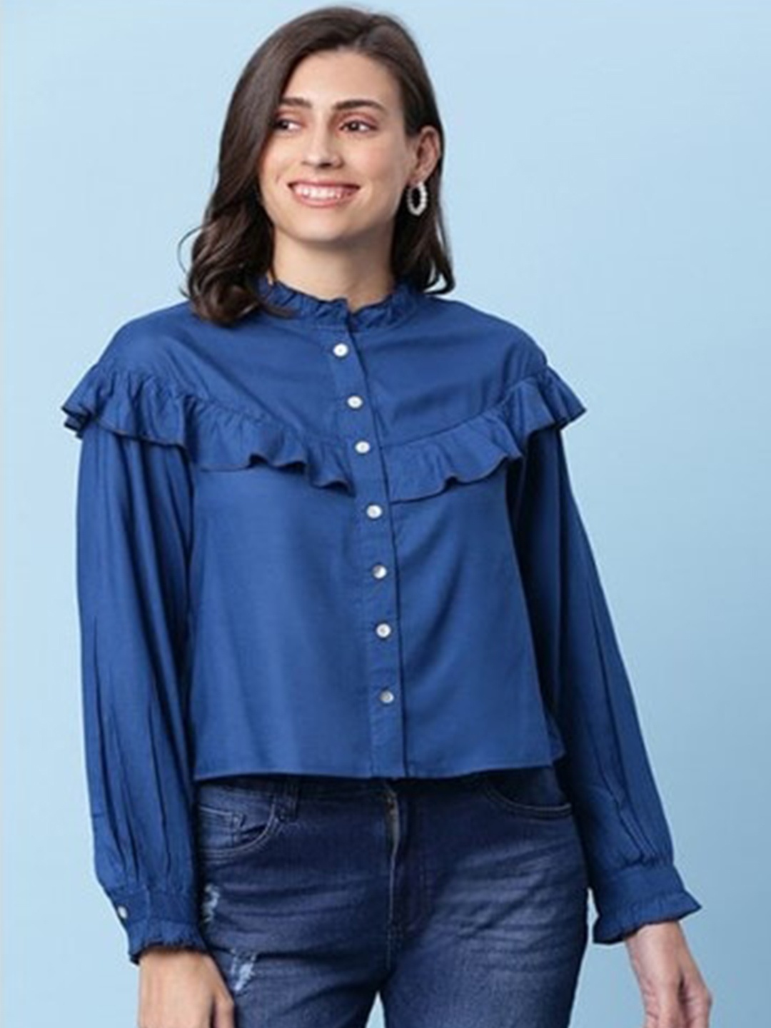 

Aila Mandarin Collar Cotton Shirt Style Top, Blue