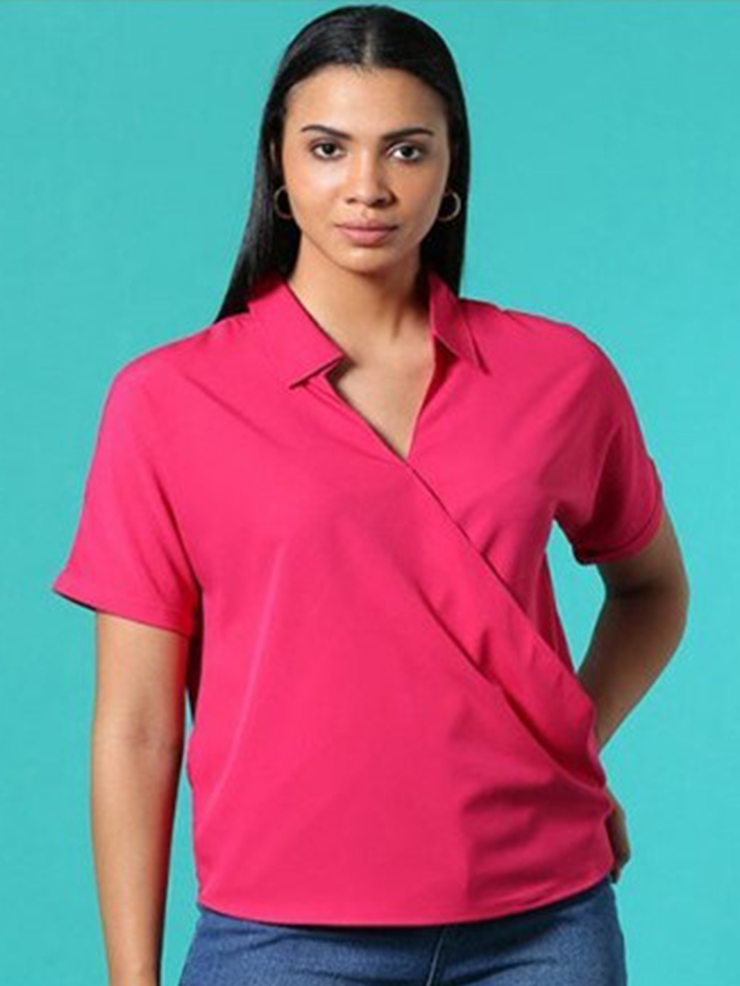 

Aila Shirt Collar Cotton Top, Magenta