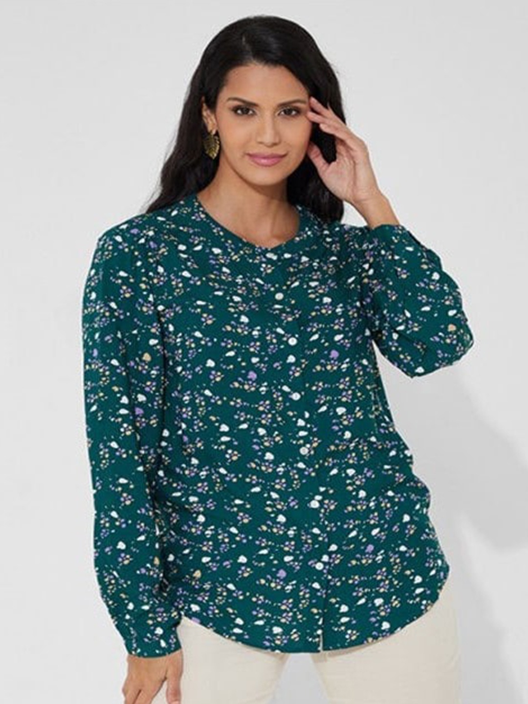 

Aila Floral Print Cuffed Sleeves Cotton Shirt Style Top, Green