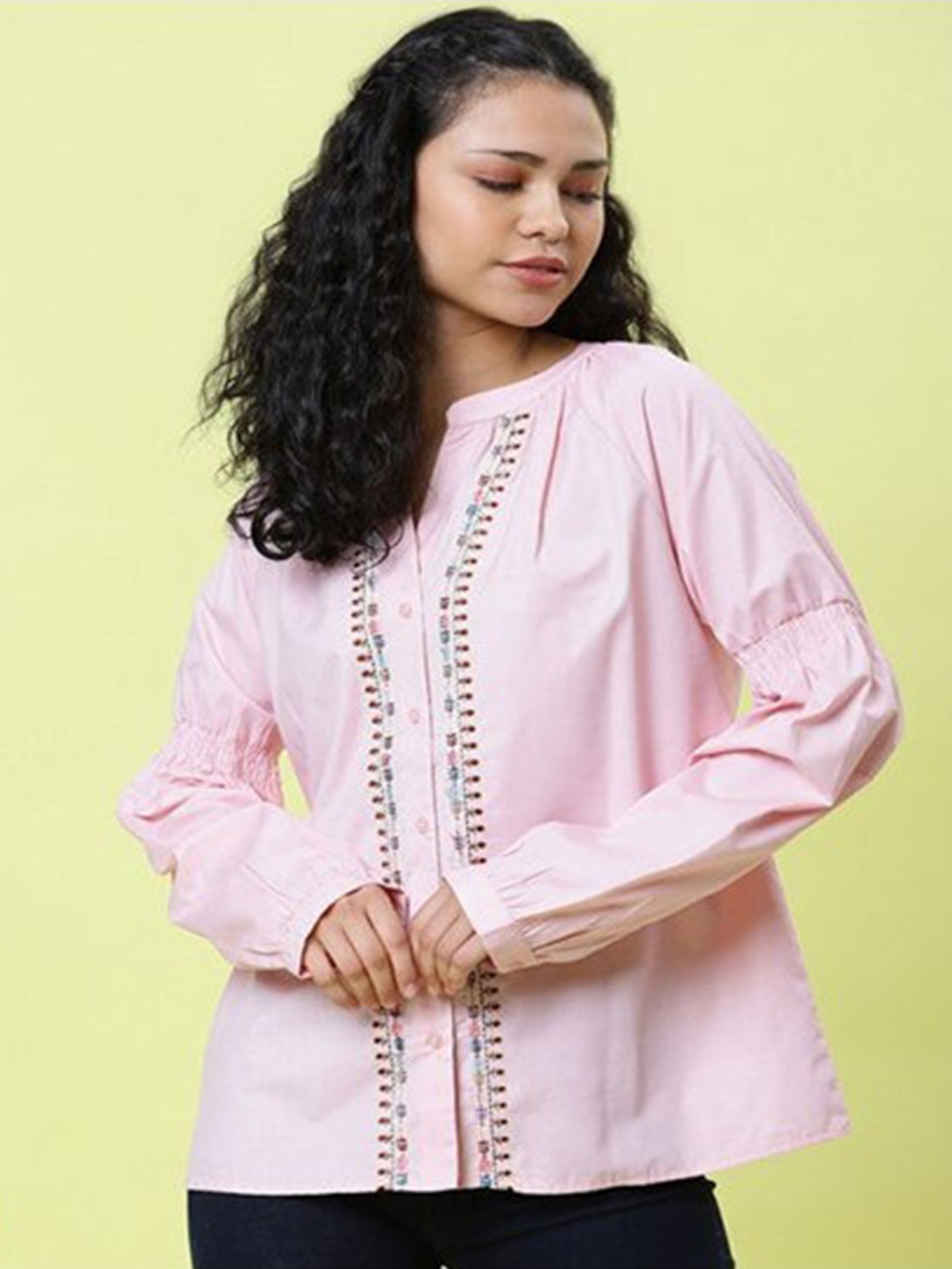 

Aila Red Embroidered Mandarin Collar Cotton Top, Pink