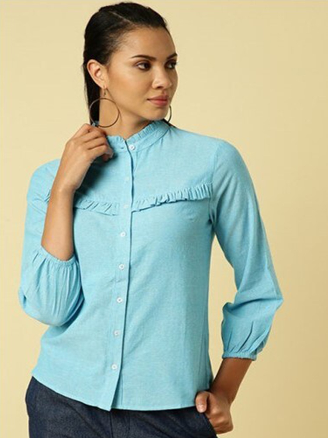

Aila Band Collar Gathered Cotton Shirt Style Top, Turquoise blue