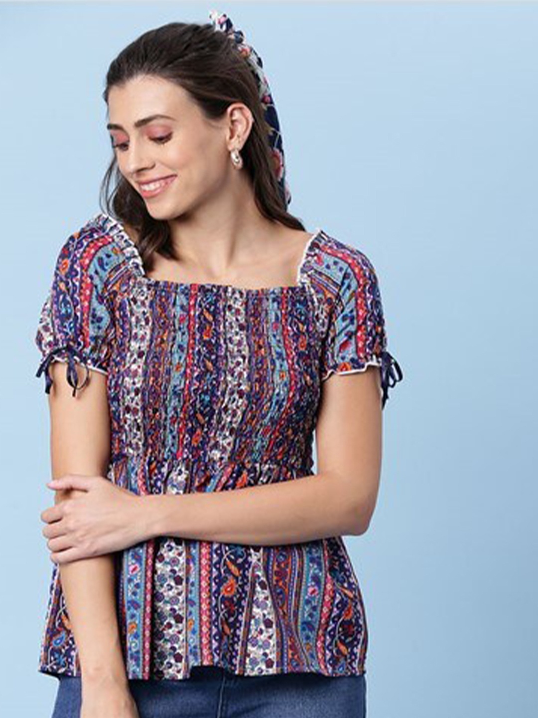 

Aila Striped Square Neck Smocked Cotton A-line Top, Navy blue
