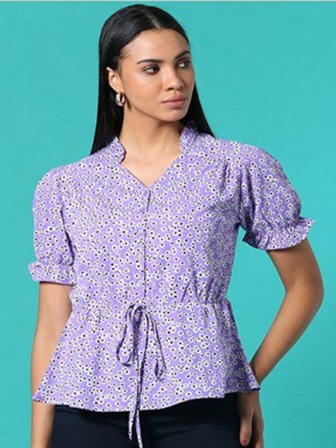 

Aila Floral Printed Puff Sleeves Waist Tie-Ups Cotton Peplum Top, Lavender