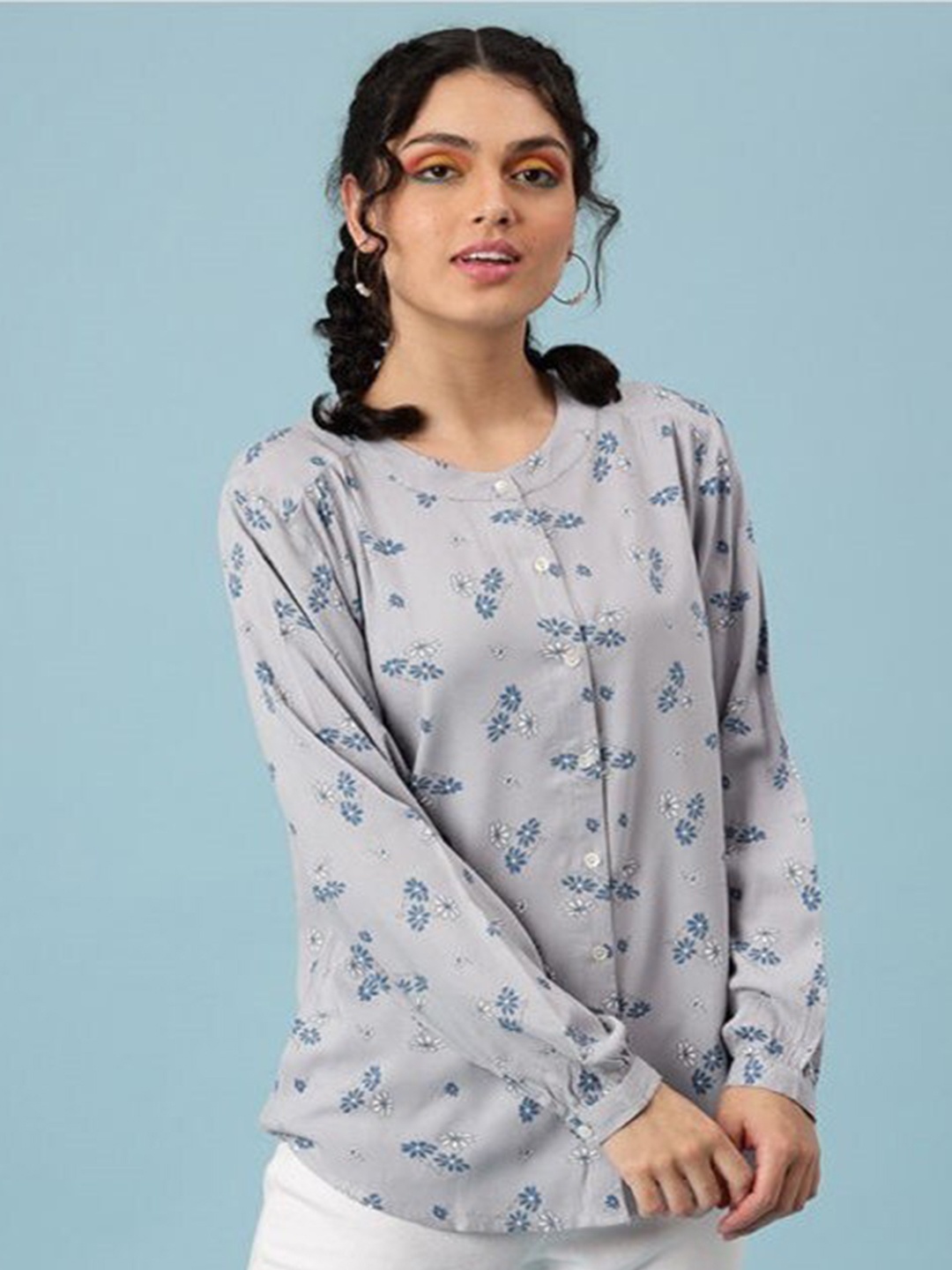 

Aila Floral Printed Cotton Shirt Style Top, Blue