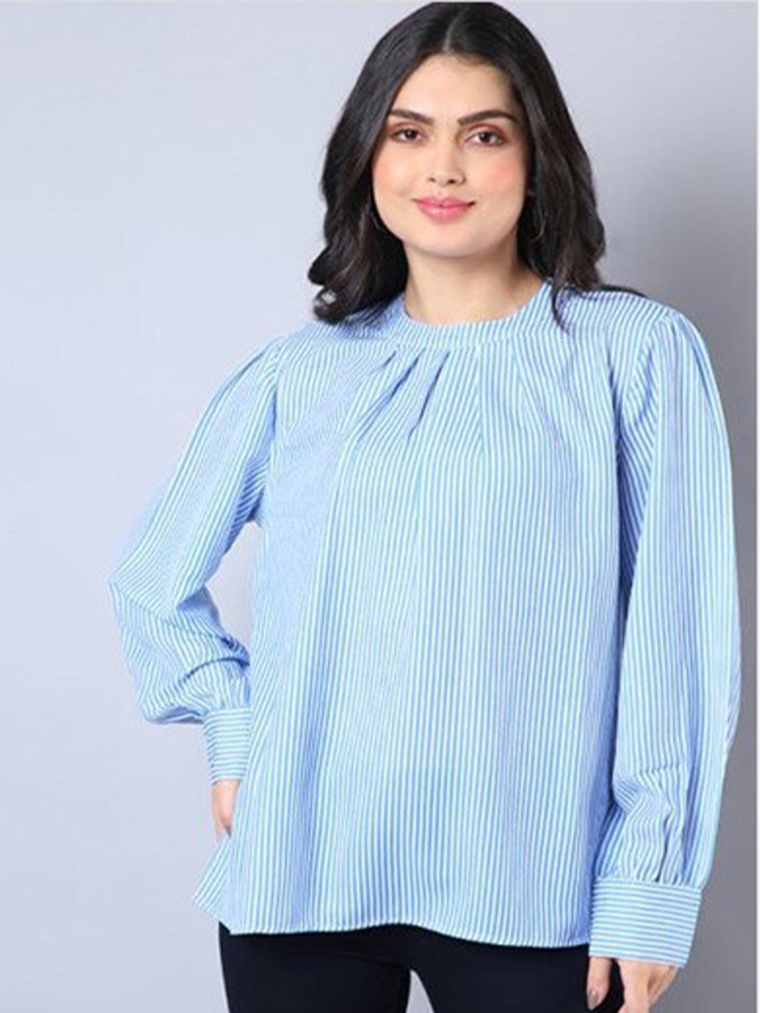 

Aila Vertical Striped Cuffed Sleeves Cotton Top, Blue