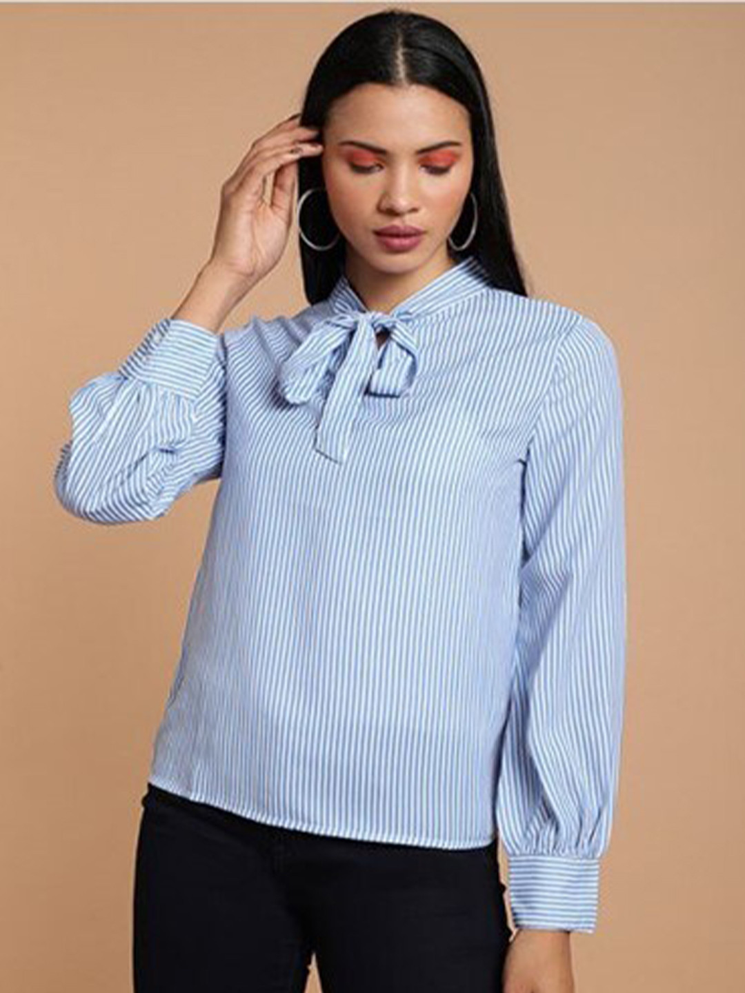 

Aila Striped Tie-Up Neck Cotton Top, Blue